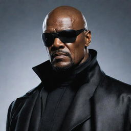 Detailed portrait of Nick Fury, a character from Marvel Comics, in his signature long coat, eye patch, and weaponry.