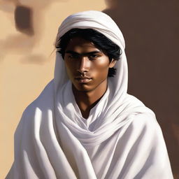 This is a high-quality digital art image, showcasing a young, Asiatic mentor adorned in traditional Bedouin white clothes