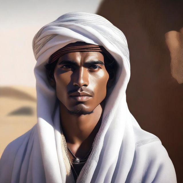 This is a high-quality digital art image, showcasing a young, Asiatic mentor adorned in traditional Bedouin white clothes