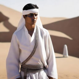 This is a high-quality digital art image, showcasing a young, Asiatic mentor adorned in traditional Bedouin white clothes