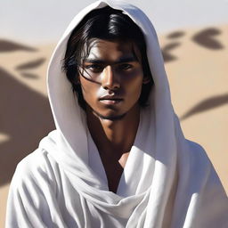 This is a high-quality digital art image, showcasing a young, Asiatic mentor adorned in traditional Bedouin white clothes