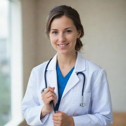 A compassionate young female doctor, in a professional white coat, holding a stethoscope, with a gentle smile on her face, set against a calming, medical office background.