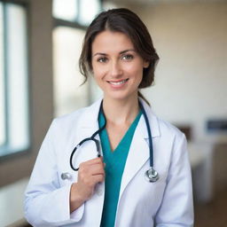 A compassionate young female doctor, in a professional white coat, holding a stethoscope, with a gentle smile on her face, set against a calming, medical office background.