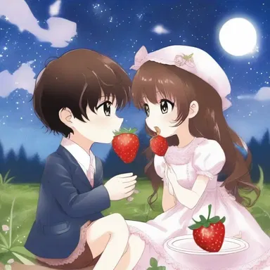 As they sat under the starry sky, they gently champed on the chocolate-covered strawberries, lost in each other's eyes.