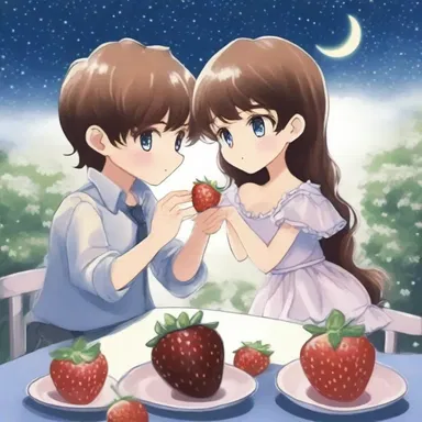 As they sat under the starry sky, they gently champed on the chocolate-covered strawberries, lost in each other's eyes.