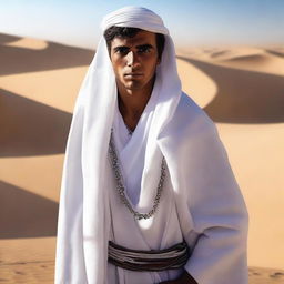 This is a high-quality digital art image, featuring a young, white mentor dressed in traditional Bedouin white clothes