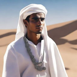 This is a high-quality digital art image, featuring a young, white mentor dressed in traditional Bedouin white clothes