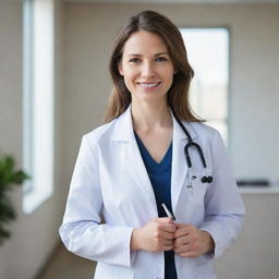 A compassionate young female doctor, in a professional white coat, holding a stethoscope, with a gentle smile on her face, set against a calming, medical office background.