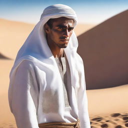 This is a high-quality digital art image, featuring a young, white mentor dressed in traditional Bedouin white clothes