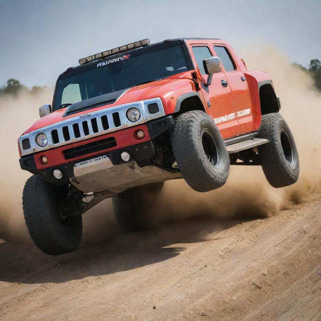 A dynamic image capturing the might of Hummer rally cars, demonstrating their robust design and off-road capabilities on a challenging dirt track.