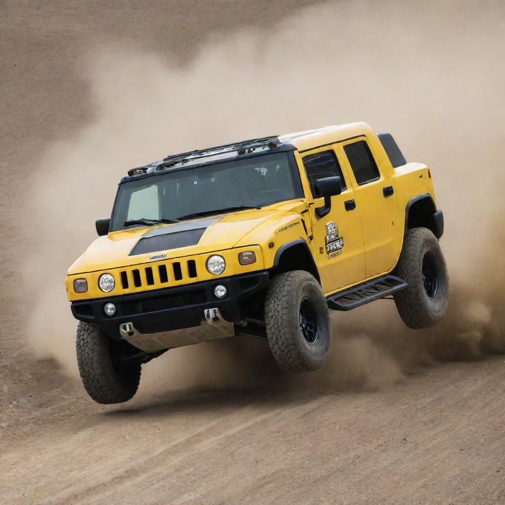 A dynamic image capturing the might of Hummer rally cars, demonstrating their robust design and off-road capabilities on a challenging dirt track.