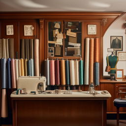 Cozy tailoring shop reception area with a classic counter, fabric swatches on display, and vintage decor