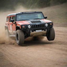 A dynamic image capturing the might of Hummer rally cars, demonstrating their robust design and off-road capabilities on a challenging dirt track.