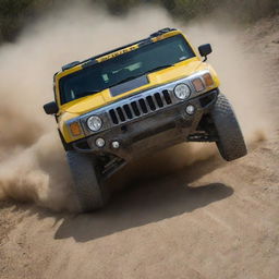 A dynamic image capturing the might of Hummer rally cars, demonstrating their robust design and off-road capabilities on a challenging dirt track.