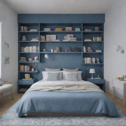 A cozy bedroom in shades of blue and grey, featuring a queen bed, two side tables, a white study desk with a night lamp, a display shelf filled with books and aesthetic items including teddies. A built-in wardrobe, a large rug under the bed, and a computer are also present.