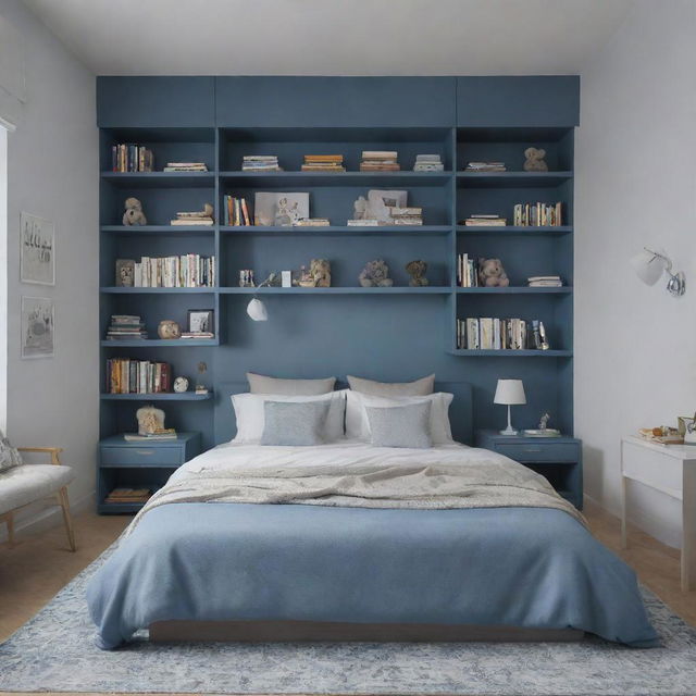 A cozy bedroom in shades of blue and grey, featuring a queen bed, two side tables, a white study desk with a night lamp, a display shelf filled with books and aesthetic items including teddies. A built-in wardrobe, a large rug under the bed, and a computer are also present.