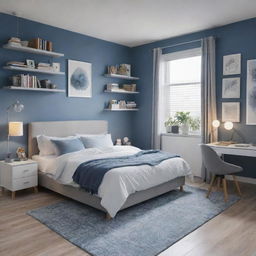 A cozy bedroom in shades of blue and grey, featuring a queen bed, two side tables, a white study desk with a night lamp, a display shelf filled with books and aesthetic items including teddies. A built-in wardrobe, a large rug under the bed, and a computer are also present.