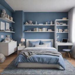 A cozy bedroom in shades of blue and grey, featuring a queen bed, two side tables, a white study desk with a night lamp, a display shelf filled with books and aesthetic items including teddies. A built-in wardrobe, a large rug under the bed, and a computer are also present.