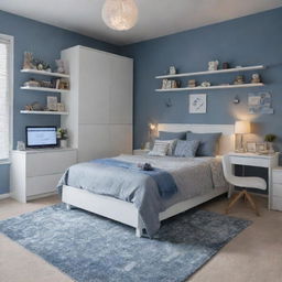 A cozy bedroom in shades of blue and grey, featuring a queen bed, two side tables, a white study desk with a night lamp, a display shelf filled with books and aesthetic items including teddies. A built-in wardrobe, a large rug under the bed, and a computer are also present.