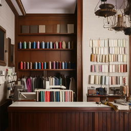 Cozy tailoring shop reception area with a classic counter, fabric swatches on display, and vintage decor