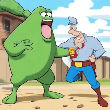 The animated character appeared defenseless against the comically exaggerated enemy in the cartoon.