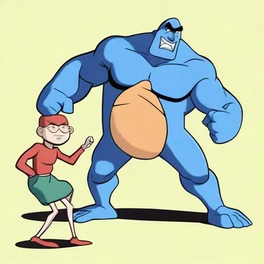 The animated character appeared defenseless against the comically exaggerated enemy in the cartoon.