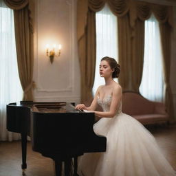 A beautiful girl, elegantly dressed, lost in a passionate performance on a grand piano in a softly lit room