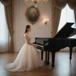 A beautiful girl, elegantly dressed, lost in a passionate performance on a grand piano in a softly lit room