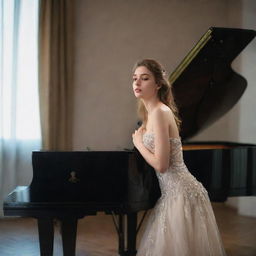 A beautiful girl, elegantly dressed, lost in a passionate performance on a grand piano in a softly lit room