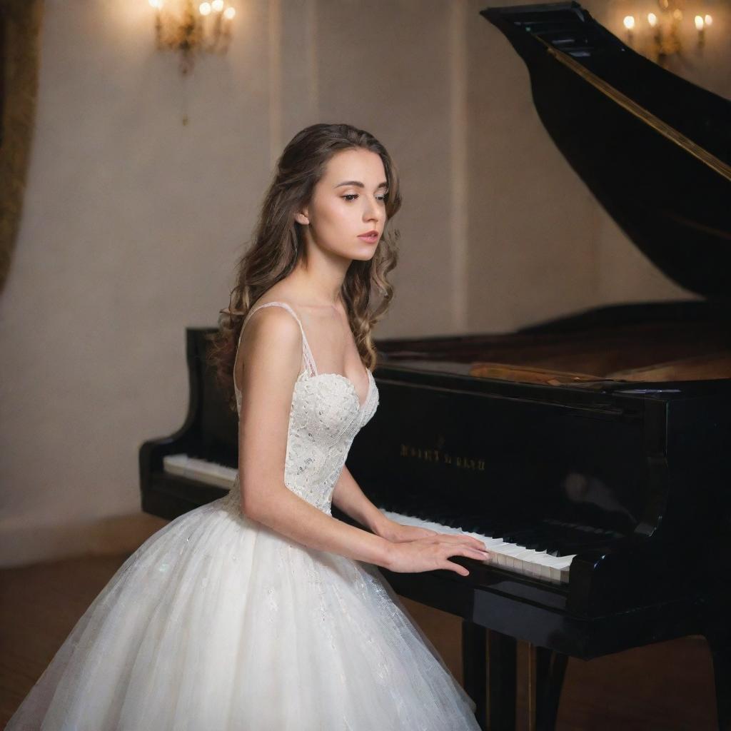 A beautiful girl, elegantly dressed, lost in a passionate performance on a grand piano in a softly lit room