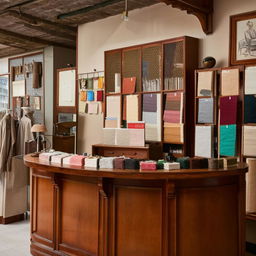 Cozy tailoring shop reception area with a classic counter, fabric swatches on display, and vintage decor