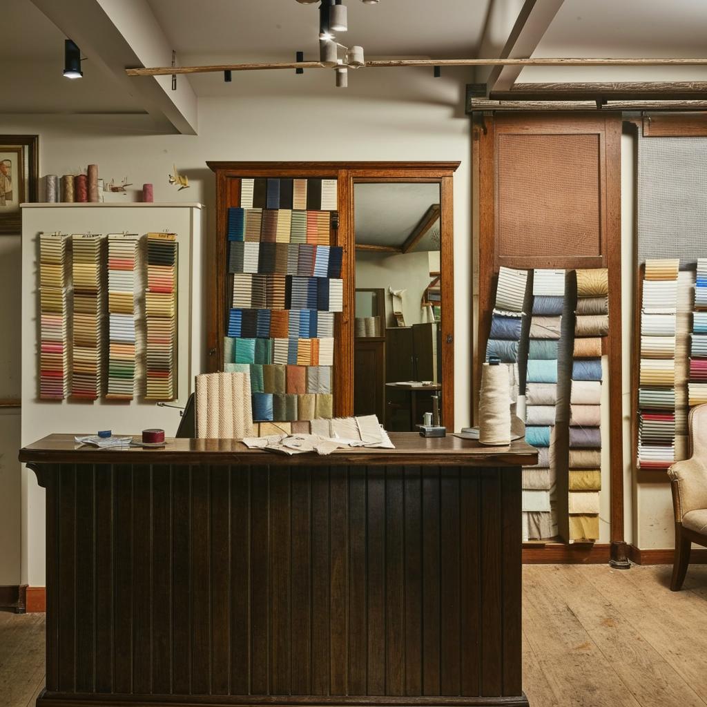 Cozy tailoring shop reception area with a classic counter, fabric swatches on display, and vintage decor