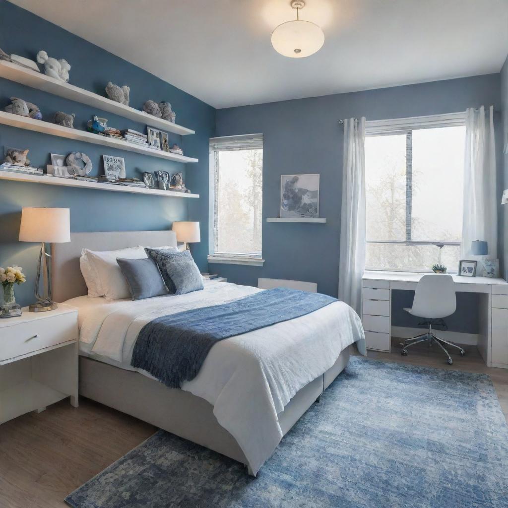 A bedroom with a color theme of shades of blue and grey, featuring a queen's bed, a white study desk with a night lamp, a bookshelf, an aesthetic rack with various items such as teddies, a wall-built closet, two side tables, a rug under the bed, a computer, and an entrance to a balcony.