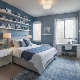 A bedroom with a color theme of shades of blue and grey, featuring a queen's bed, a white study desk with a night lamp, a bookshelf, an aesthetic rack with various items such as teddies, a wall-built closet, two side tables, a rug under the bed, a computer, and an entrance to a balcony.