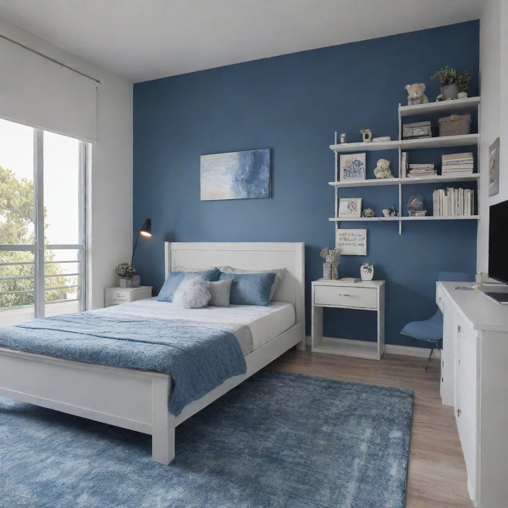 A bedroom with a color theme of shades of blue and grey, featuring a queen's bed, a white study desk with a night lamp, a bookshelf, an aesthetic rack with various items such as teddies, a wall-built closet, two side tables, a rug under the bed, a computer, and an entrance to a balcony.