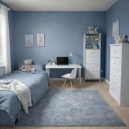 A bedroom with a color theme of shades of blue and grey, featuring a queen's bed, a white study desk with a night lamp, a bookshelf, an aesthetic rack with various items such as teddies, a wall-built closet, two side tables, a rug under the bed, a computer, and an entrance to a balcony.