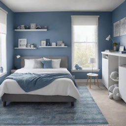 A bedroom with a color theme of shades of blue and grey, featuring a queen's bed, a white study desk with a night lamp, a bookshelf, an aesthetic rack with various items such as teddies, a wall-built closet, two side tables, a rug under the bed, a computer, and an entrance to a balcony.