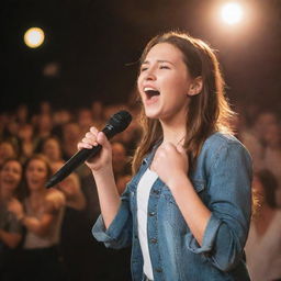 A girl passionately singing into a microphone on a brightly lit stage with a cheering crowd in the background.