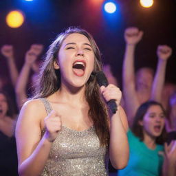 A girl passionately singing into a microphone on a brightly lit stage with a cheering crowd in the background.