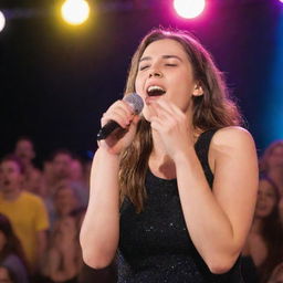 A girl passionately singing into a microphone on a brightly lit stage with a cheering crowd in the background.