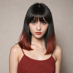 A fashionable teen with sand-colored skin, intriguing brown eyes, and shoulder-length hair dyed a gradient of red to black, framed with stylish bangs.