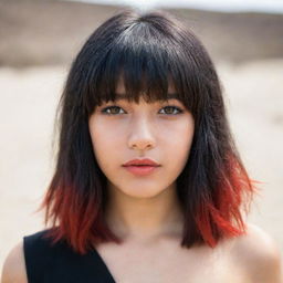 A fashionable teen with sand-colored skin, intriguing brown eyes, and shoulder-length hair dyed a gradient of red to black, framed with stylish bangs.