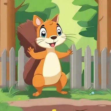 In the cartoon, the mischievous squirrel hides behind the rail fence to play pranks on the other forest animals.