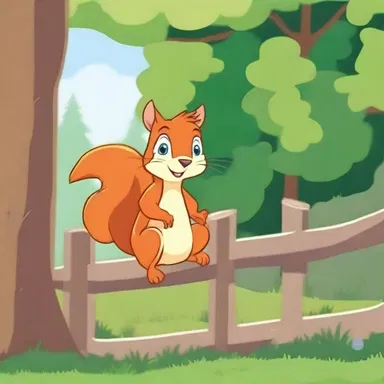 In the cartoon, the mischievous squirrel hides behind the rail fence to play pranks on the other forest animals.