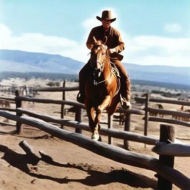 The old western movie featured a thrilling chase scene where the hero leaped over the rail fence on horseback.