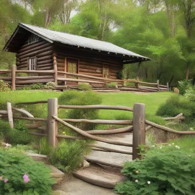 The rustic cabin had a charming rail fence surrounding its beautifully landscaped garden.