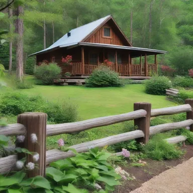 The rustic cabin had a charming rail fence surrounding its beautifully landscaped garden.
