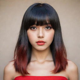 A fashionable teen with sand-colored skin, intriguing brown eyes, and shoulder-length hair dyed a gradient of red to black, framed with stylish bangs.