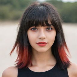 A fashionable teen with sand-colored skin, intriguing brown eyes, and shoulder-length hair dyed a gradient of red to black, framed with stylish bangs.