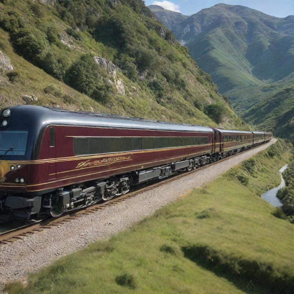 An image of a luxury train, featuring lavish interiors, polished exteriors and grand locomotive design, travelling through a picturesque landscape.